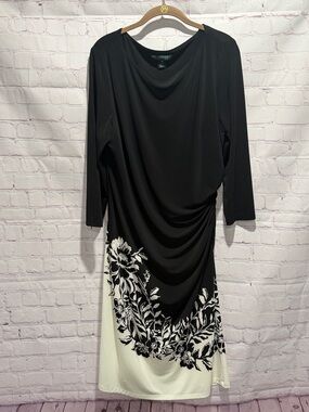 Lauren Ralph Lauren Black & White Floral Draped 3/4 Sleeve Dress Woman’s size 16